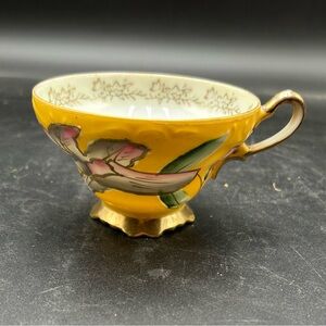 Floral Yellow Teacup with Gold Accents hand painted Trimount Japan
